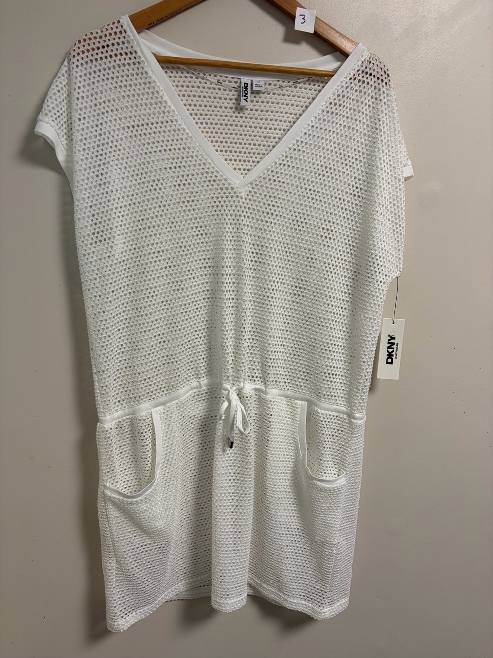 DKNY White Mesh V-Neck Drawstring Beach Coverup size Medium